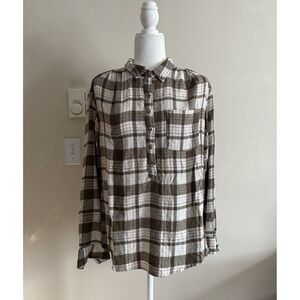 Anthropologie Womens Medium Isadora Relaxed Tunic Top Flannel Plaid Brown